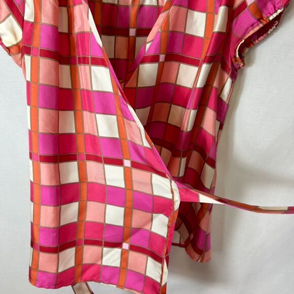 Banana Republic Pink Orange Ivory Check Print Silk SS Wrap Blouse Size S Petite - Picture 12 of 15
